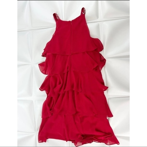 SL Fashions Sz 6 Red Tiered Ruffled Chiffon Sequin Strap Shift Dress Cocktail - Picture 5 of 8